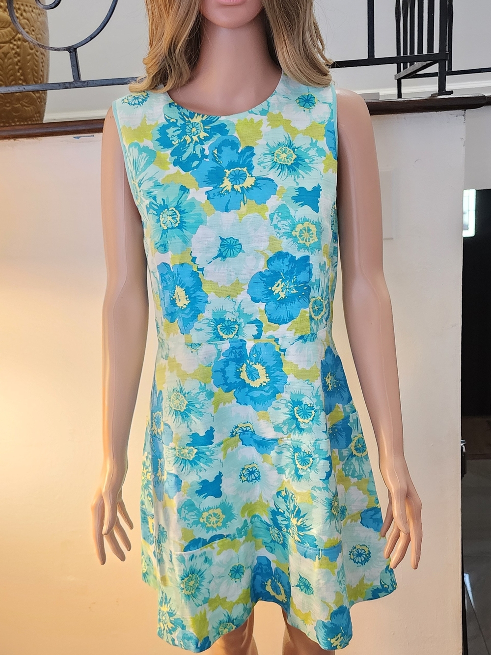 Sleeveless Floral Mini Dress in Aqua Blue and Lime